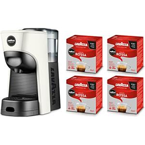 Lavazza, A Modo Mio Macchina per Caffè Tiny Eco Bianca con 64 Capsule Qualità Rossa Incluse, Macchina per Espresso in Plastica Riciclata, 1450 W, 220-240 V, 50/60 Hz, 0.6 Litri