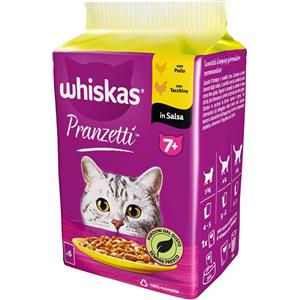 Whiskas Pranzetti 7 Pollo e Tacchino in Salsa - Alimento Umido Completo per Gatti Anziani (6 x 50 g)