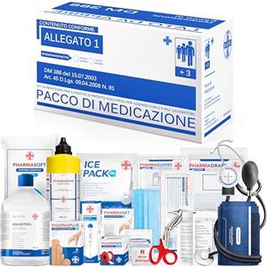 AIESI® kit di reintegro ALLEGATO 1 CON SFIGMOMANOMETRO pacco medicazione per cassetta armadietto di pronto soccorso aziende più 3 dipendenti, Conforme DM388/DL81, Made in Italy