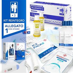 AIESI® kit di reintegro ALLEGATO 1 CON SFIGMOMANOMETRO pacco medicazione per cassetta armadietto di pronto soccorso aziende più 3 dipendenti, Conforme DM388/DL81, Made in Italy