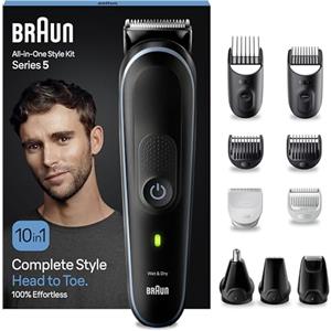 Braun REGOLABARBA UOMO, Tagliacapelli Uomo, Rasoio Elettrico Barba e Capelli, 10-In-1 Styling Kit per Barba, Capelli, Corpo, Naso e Orecchie, 100 Minuti Di Utilizzo Senza Fili, Idea Regalo, MGK5445