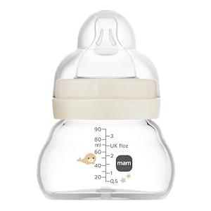 MAM Biberon Feel Good A158, Biberon in vetro, con tettarella 0 brevettata SkinSoftTM silicone ultra morbido per neonati da 0 mesi, 90 ml, neutro
