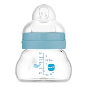 MAM Feel Good A156 Biberon in vetro con tettarella 0 brevettata SkinSoftTM Silicone ultra morbido per neonati da 0 mesi, 90 ml, blu