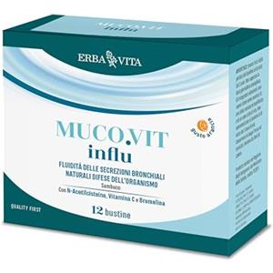 ERBA VITA Muco.vit Influ integratore alimentare in pratiche bustine solubili a base di N-Acetilcisteina e Bromelina da Ananas, specialmente indicato nel periodo invernale - 12 bustine