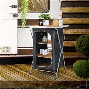 ECD Germany Armadietto da Campeggio Pieghevole Multiuso 60x97,5x53 cm Nero/Effetto Legno Armadio da Picnic in Tessuto Telaio in Alluminio Mobiletto con 3 Ripiani Chiusura Cerniera e Borsa da Trasporto