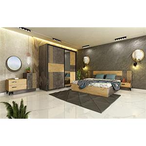 ARREDO DA CASA Camera da Letto Matrimoniale Completa con Armadio 2 Ante Battenti Letto Matrimoniale con Comodini e Comò Dotato di 2 Cassetti 1 Anta e 1 Specchio Cemento Scuro e Quercia Dorata CDLU31