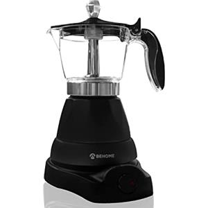 BEHOME Caffettiera Elettrica 3 tazze | Macchina da caffè elettrica con Riduttore 1 tazza | Auto spegnimento e Mantenimento caffè caldo per 30' min, Base Rotante a 360°, Nera (Senza Timer)