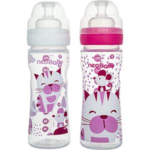 Chicco Neobaby Biberon in Polipropilene Collo Largo con Tettarella in Silicone 250 ml, Rosa, Flusso Regolabile, 2 Mesi +, 1 Pezzo
