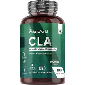 WeightWorld CLA da 3000mg per Dose, 180 Softgel Vegane, 80% di Acido Linoleico Coniugato, Estratto da Olio di Cartamo Naturale (Safflower Oil), CLA Integratore Alimentare Senza Glutine, né Lattosio né Allergeni