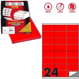 Markin Etichette Adesive C500 - Carta Permanente - 70 x 36 mm - 24 Etichette per Foglio - Rosso Fluo - 100 Fogli A4