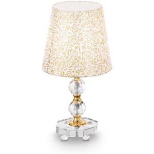 Ideal Lux Queen TL1 Small Lampada da Tavolo E27 in Metallo Dorato e Cristallo, Paralume in Tessuto Decorato