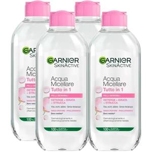 Garnier SkinActive Acqua Micellare Tutto in 1 per Pelli Sensibili Azione Detergente Idratante Struccante Senza Risciacquo Viso Occhi Labbra Formula Ipoallergenica Senza Profumo - 4 Flaconi da da 400ml