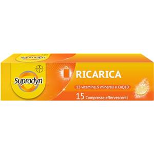 Supradyn Ricarica Integratore Multivitaminico Alimentare Completo con Vitamina A, B, C, D, E, K, Minerali e Coenzima Q10, contro Stanchezza Fisica e Mentale, 15 Compresse Effervescenti, Gusto Arancia