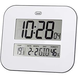 Trevi OM 3520 D Orologio Digitale con Ampio Display LCD, Termometro e Igrometro, Calendario Multilingue, Facile Installazione a Parete/Tavolo, Funzionamento a Batterie AA, Bianco