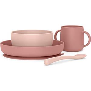 Suavinex, Stoviglie per Bambini in Silicone, con Ventosa Resistente. Include: Ciotola da 350 ml + Piatto da 400 ml + Tazza da 240 ml + Cucchiaio, +4 Mesi. Colour Essence, Rosa