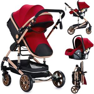 Magic ZC Passeggino Trio, Passeggino 3 in 1 con Doppia Modalità Push Reversibile, Trio Passeggini Neonati in Alluminio Pieghevole, Carrozzina per Neonati con Grande Navicella (739 Red)