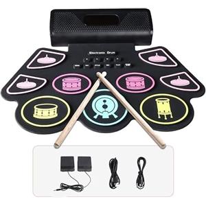 Coolmusic Batteria Elettronica, 9 Praticare Drum Pads con 2 Bacchette Pedali, Portatile Tavolo Pieghevole Digitale Tamburo Set, Adatto a Bambini, Adulti e Principianti