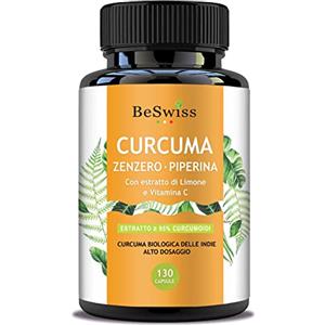 BeSwiss CURCUMA E CURCUMINA 95% + Zenzero Limone Piperina e Vitamina C - 130 Capsule Altissima Biodisponibilità | Vegan - Antinfiammatorio - Antiossidante - Peso Forma