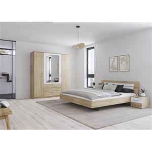 Rauch Möbel Burano - Camera da letto, in rovere Sonoma/bianco, composto da letto con superficie di appoggio 180 x 200 cm, con 2 comodini e armadio con ante girevoli, 181 x 212 x 58 cm