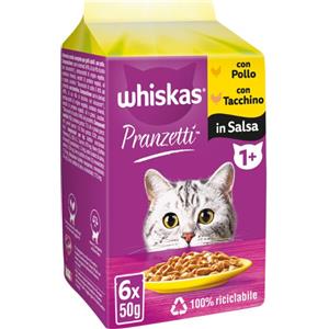 Whiskas Pranzetti Cibo Umido per Gatti con Pollo e Tacchino in Salsa - Confezione da 6x50g