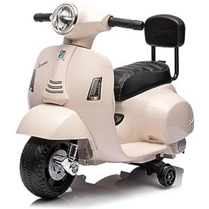 Mondial Toys Moto Elettrica Scooter per Bambini Mini Vespa GTS Piaggio 6V con Schienale Sedile in Pelle Luci Suoni (Bianco)