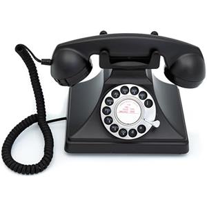 GPO 200 Telefono Rotary Vintage, Telefono Classico con Quadrante Rotativo, Interruttore per Suoneria, Cavo in Tessuto, Suoneria a Campanello Tradizionale, per Casa e Hotel, Nero