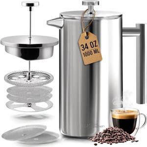 KICHLY Caffettiera a pistone in acciaio inox, macchina per caffè espresso e tè con triplo filtro, vetro resistente al calore con pistone in acciaio, caffettiera portatile, 34 oz (1,0 litri), argento