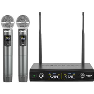 Phenyx Pro Sistema microfono wireless in metallo PTU-52A | microfoni dinamici palmari senza fili per canto, karaoke, chiesa, 2x30 frequenze sintonizzabili UHF, portata di 200 piedi