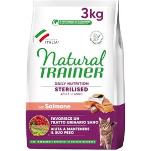 Natural Trainer Cibo Secco per Gatti Adulto Sterilizzato al Salmone - 3 kg, con Fibra di Pisello