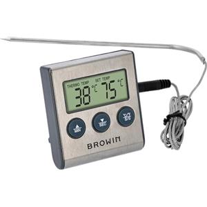 Browin 185609 - Termometro per alimenti con sonda in acciaio inox, lunghezza 1,5 m, temperatura 0-250°C, termometro per cottura e grill con timer e allarme, display elettronico LCD