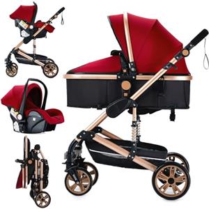 MoLi Passeggino 3 in 1, Passeggino Trio con Doppia Modalità Push Reversibile, Trio Passeggino Neonati in Alluminio Pieghevole, Carrozzina per Neonati con Grande Navicella (739 Red)