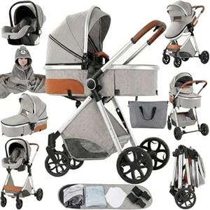 MoLi Passeggino Trio, Passeggino 3 in 1 con Doppia Modalità Push Reversibile, Trio Passeggino Neonati con Grande Navicella, Carrozzina per Neonati in Alluminio Pieghevole (225 Silver Grey)