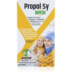 Syrio Integratori Alimentari, Propol-Sy Difese Integratore alimentare a base di Propoli,con Echinacea e Sambuco per favorire le Difese dell'Organismo, Adatto ai Bambini sopra i 6 anni,14 stickpack