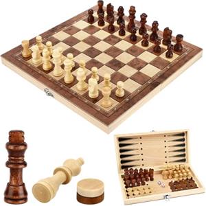 Mkitnvy Scacchiera in Legno, 3 in 1 Scacchi Dama Backgammon, Portatili e Pieghevole Scacchiere, Scacchi da Viaggio per Adulti Bambini All'aperto Festa - 29x29cm
