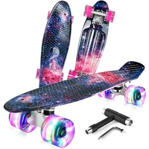 BELEEV Skateboard 22 inch Completo Mini Cruiser LED Skateboard per Bambini, Giovani e Adulti, Ruote con all-in-One Skate T-Tool per Principiante Skateboard 56cm