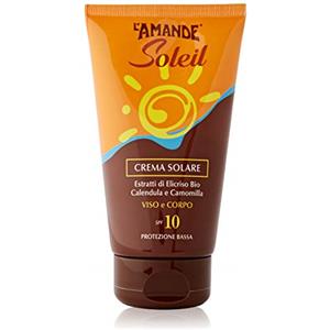 L'AMANDE - Crema Solare Viso e Corpo con Vitamina E e Acido Ialuronico, Crema Viso e Corpo Idratante con Protezione Solare 10 alla Camomilla, Crema Corpo con Attivatore Abbronzatura - Soleil, 125 ml