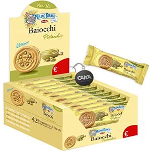 CAIYA Mulino Bianco Baiocchi Pistacchio Biscotti Ripieni con Crema al Pistacchio Box 42x28g con Portachiavi CAIYA® - NOVITA' PACK 2023
