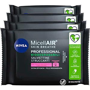 Nivea MicellAIR Professional Salviettine Struccanti con Ingrediente Vegetali per Viso e Trucco Waterproof - 4 Confezioni da 20 Salviette