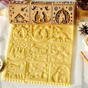 COLEESON Mattarello Legno, Mattarello con Motivo di Elementi Natalizi per Biscotti Fai da Te per Impastare e Stendere Pasta Fresca, Accessori Da Cucina, Utensili Da Cucina