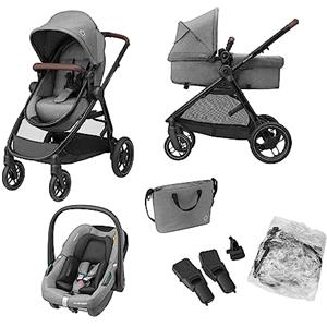 Maxi-Cosi Zelia S Trio Passeggino neonati 3 in 1, 0-4 anni, fino a 22 kg, Trio completo con passeggino reclinabile convertibile in carrozzina, seggiolino auto i-Size e borsa passeggino, colore Grigio