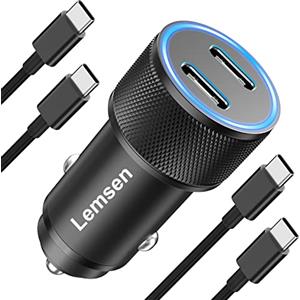 Lemsen Caricatore Auto USB C, 60W 2 Porte PD Caricabatterie Auto USB-C Adattatore Accendisigari Presa Auto Caricabatterie Auto Cellulare con 2x Cavo per Samsung Galaxy S23 S22,iPhone 17 16 15 Pro Max
