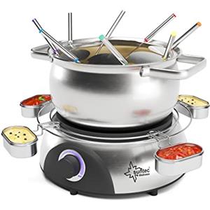 Suntec Wellness SUNTEC Fondue elettrica Fino a 8 Persone - Forchette + paraspruzzi + Supporto per Salse - Alternativa alla raclette - Pentola per Formaggio + Cioccolata + Grasso - Set in Acciaio Inox FON-8014 V2A