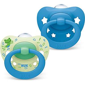 NUK Signature ciuccio | 6-18 mesi | Calma il 95% dei bambini | Succhietti a forma di cuore in silicone senza BPA | Custodia compresa | Stelle blu | 2 pezzi
