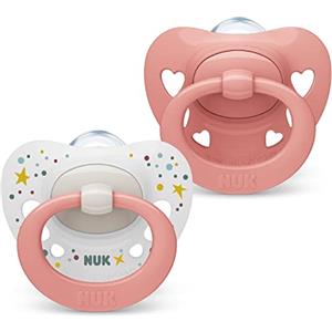 NUK Signature ciuccio | 0-6 mesi | Calma il 95% dei bambini | Succhietti a forma di cuore in silicone senza BPA | Custodia compresa | Cuori rosa | 2 pezzi