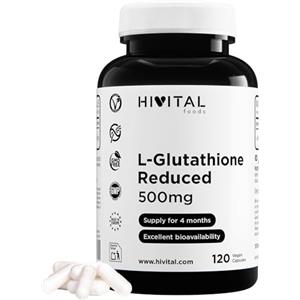 HIVITAL foods Glutatione 500 mg Ridotto al 98%. 120 capsule vegane per 4 mesi di trattamento. Realizzato con la molecola di Glutatione che ha il miglior assorbimento. Prodotto in Europa da HIVITAL