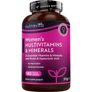 Nutravita Multivitaminico e Multiminerale Donna - 24 vitamine e minerali attivi essenziali tra cui biotina e acido ialuronico - 180 compresse vegane - Senza riempitivi o leganti sintetici