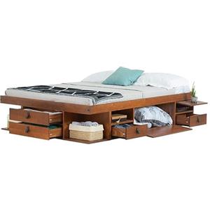 Memomad Letto Matrimoniale King Size 180x200 Legno Massello di Pino, con Contenitore, Struttura Robusta, Colore Caramello, 6 Cassetti, 4 Scomparti, Facile da Montare