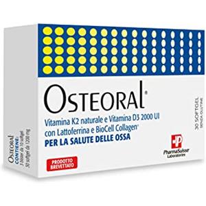 P PharmaSuisse Laboratories Osteoral® Integratore Alimentare per la Salute delle Ossa - A base di Vitamina K2 naturale e Vitamina D3 ad alto dosaggio, con Lattoferrina e BioCell Collagen® - Metabolismo Osseo - 30 softgel