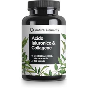 natural elements Integratore Capelli 180 capsule con 1000mg Collagene Idrolizzato, 200mg Acido Ialuronico, Vitamina C e Biotina Capelli. Alto Dosaggio, Testato in Laboratorio, per Pelle, Capelli e Unghie