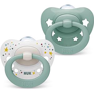 NUK Signature ciuccio | 0-6 mesi | Calma il 95% dei bambini | Succhietti a forma di cuore in silicone senza BPA | Custodia compresa | Stelle Verdi | 2 pezzi
